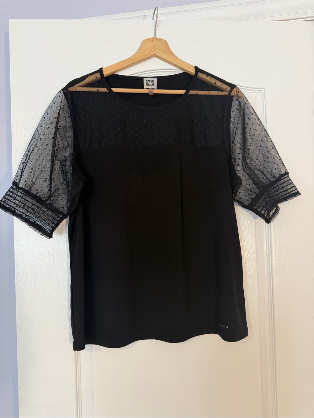 Anne Klein Black Sheer Dot Sleeve Blouse size L